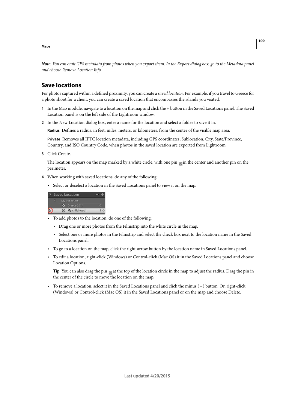 Save locations | Adobe Photoshop Lightroom CC User Manual | Page 114 / 261