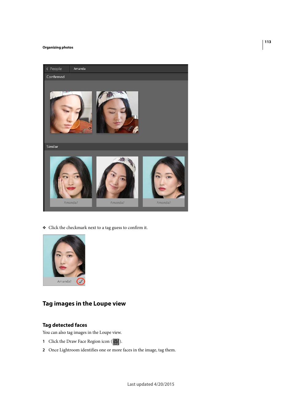 Tag images in the loupe view, Tag detected faces | Adobe Photoshop Lightroom CC User Manual | Page 118 / 261