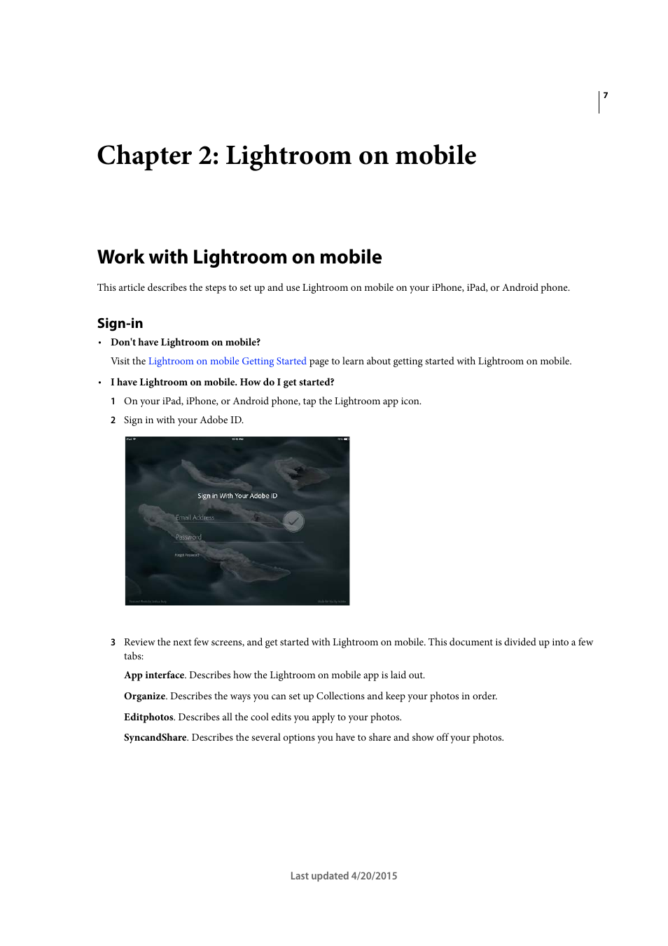 Chapter 2: lightroom on mobile, Work with lightroom on mobile, Sign-in | Adobe Photoshop Lightroom CC User Manual | Page 12 / 261