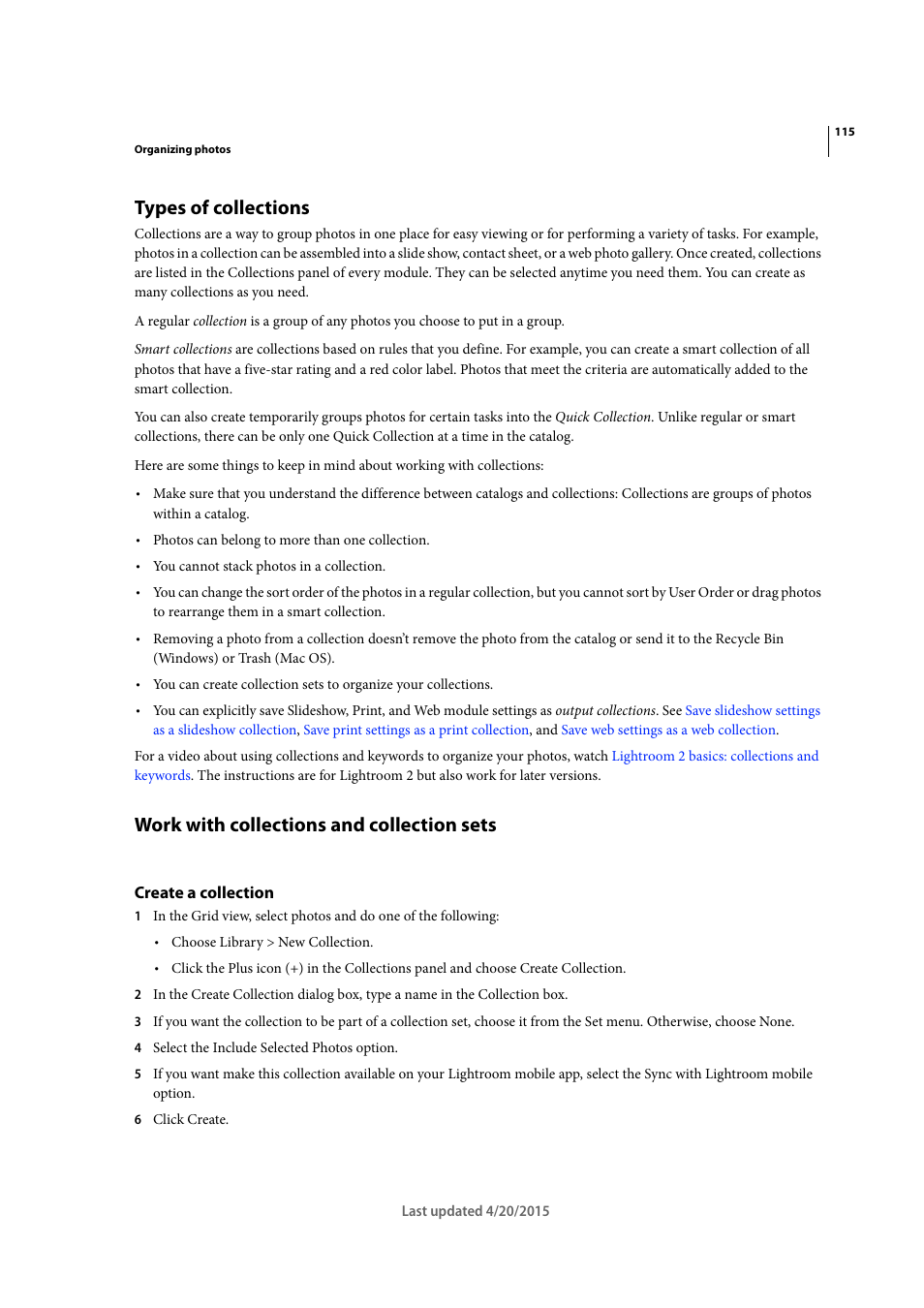 Types of collections, Work with collections and collection sets, Create a collection | Adobe Photoshop Lightroom CC User Manual | Page 120 / 261