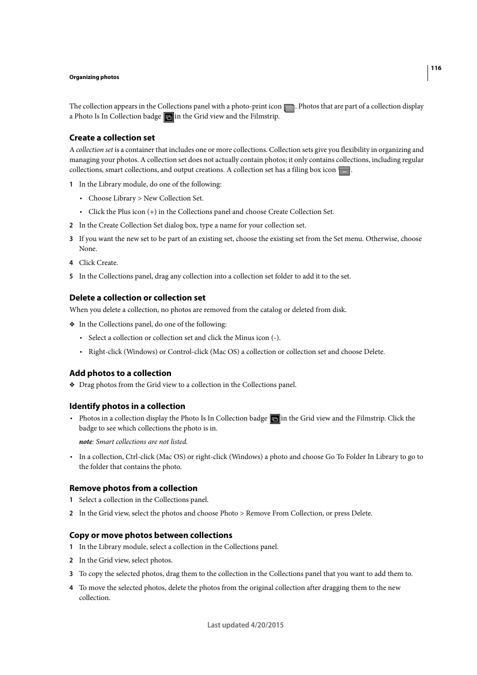 Create a collection set, Delete a collection or collection set, Add photos to a collection | Identify photos in a collection, Remove photos from a collection, Copy or move photos between collections | Adobe Photoshop Lightroom CC User Manual | Page 121 / 261