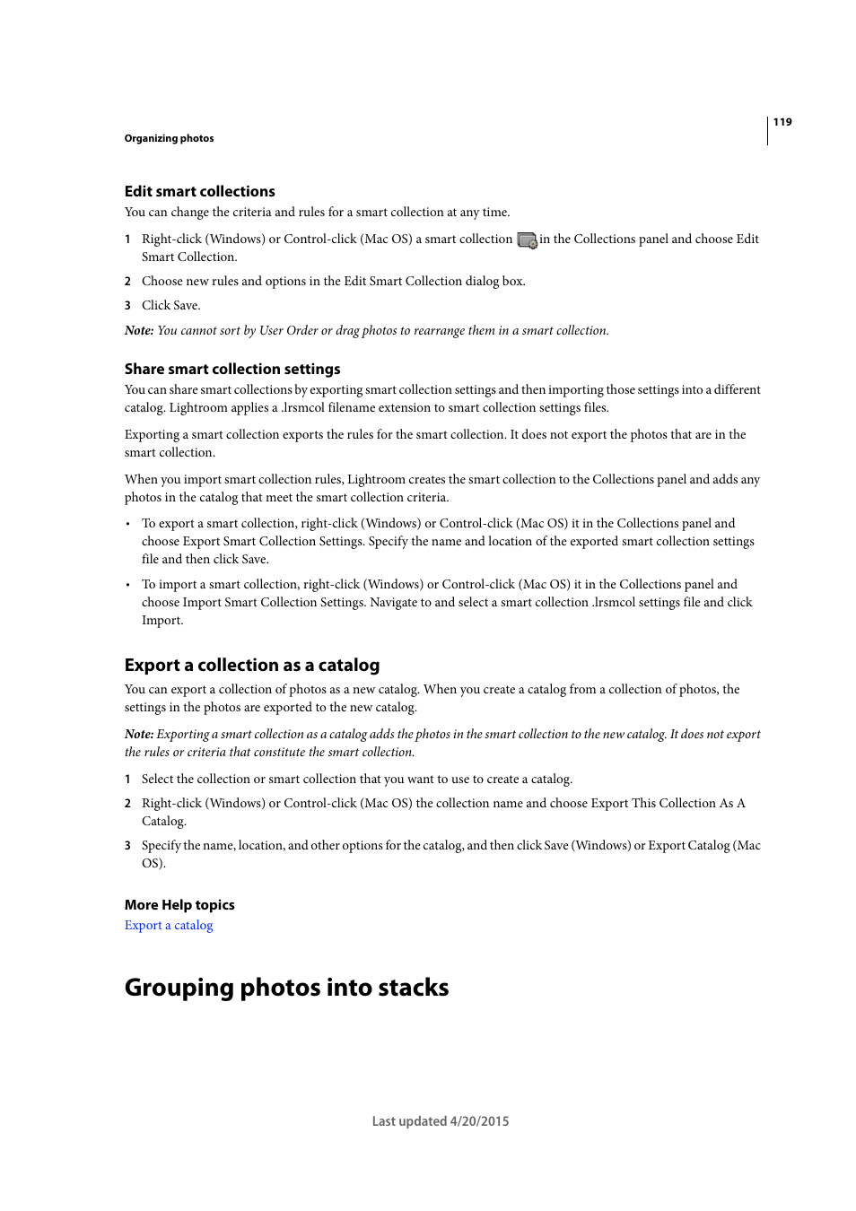 Edit smart collections, Share smart collection settings, Export a collection as a catalog | Grouping photos into stacks, Grouping photos into, Stacks | Adobe Photoshop Lightroom CC User Manual | Page 124 / 261
