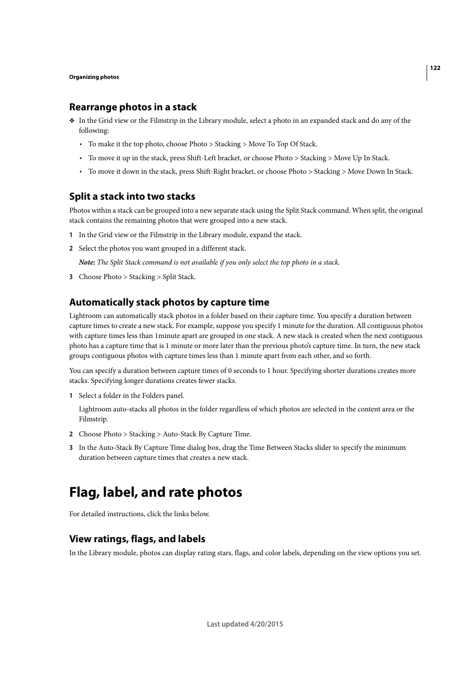 Rearrange photos in a stack, Split a stack into two stacks, Automatically stack photos by capture time | Flag, label, and rate photos, View ratings, flags, and labels | Adobe Photoshop Lightroom CC User Manual | Page 127 / 261