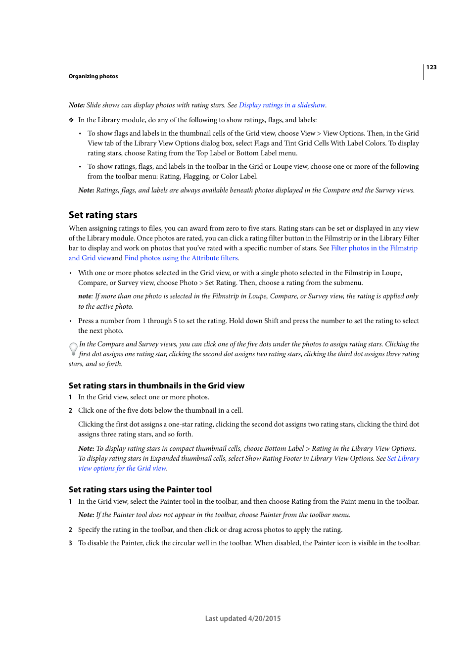 Set rating stars, Set rating stars in thumbnails in the grid view, Set rating stars using the painter tool | Adobe Photoshop Lightroom CC User Manual | Page 128 / 261