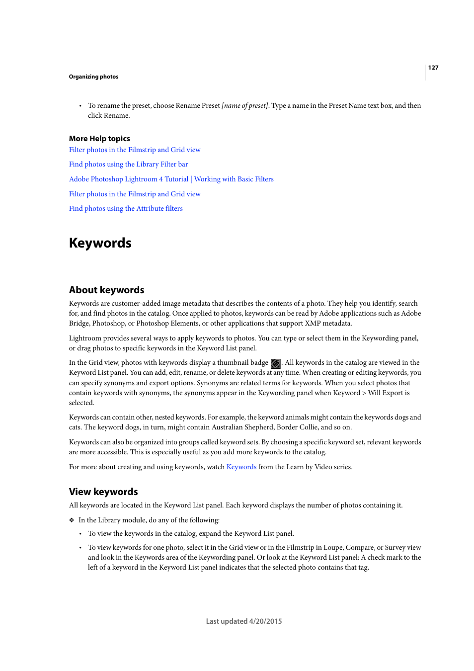 Keywords, About keywords, View keywords | Adobe Photoshop Lightroom CC User Manual | Page 132 / 261
