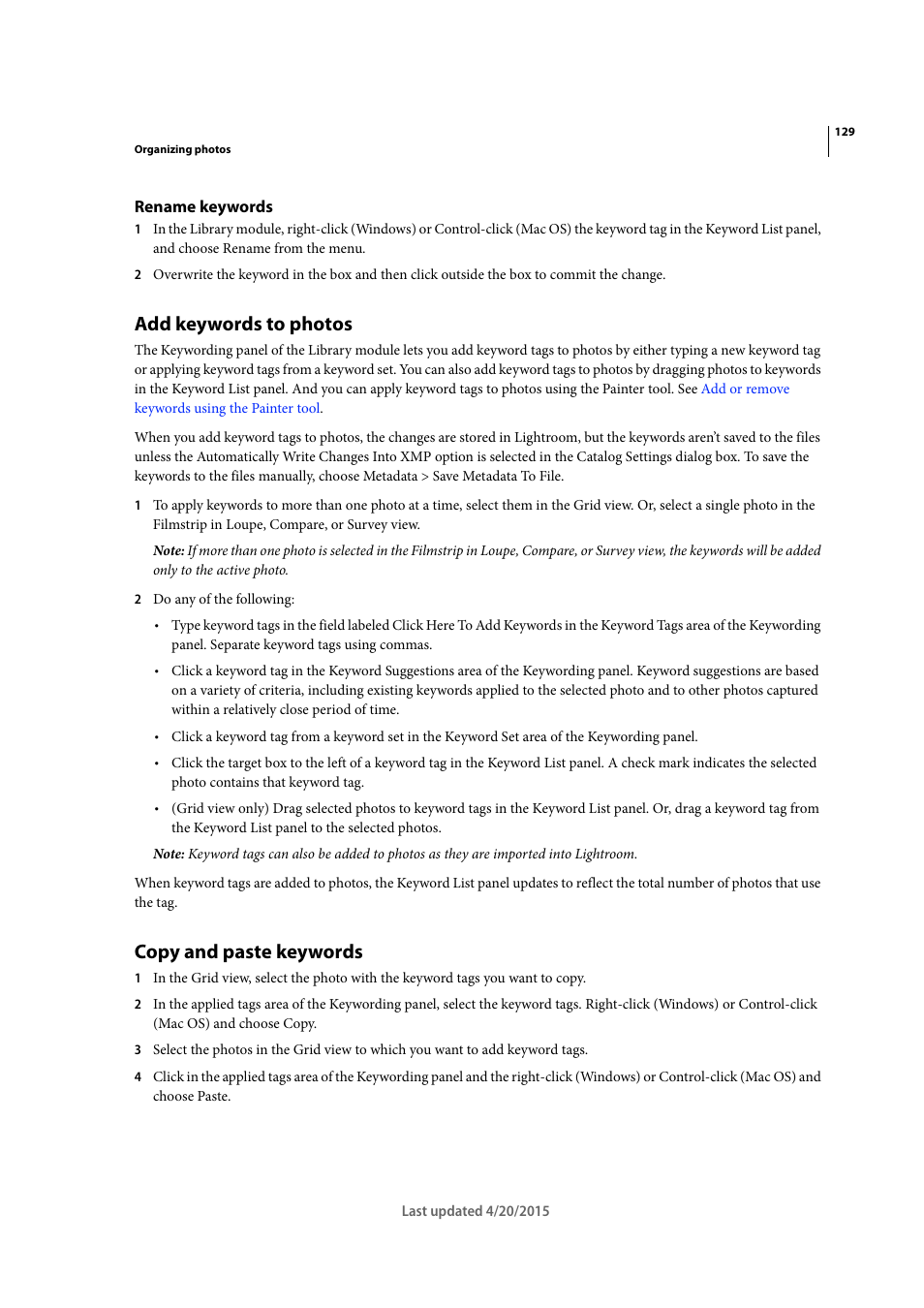 Rename keywords, Add keywords to photos, Copy and paste keywords | Adobe Photoshop Lightroom CC User Manual | Page 134 / 261
