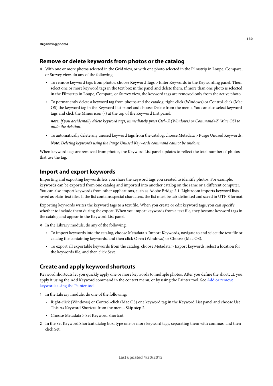 Import and export keywords, Create and apply keyword shortcuts | Adobe Photoshop Lightroom CC User Manual | Page 135 / 261