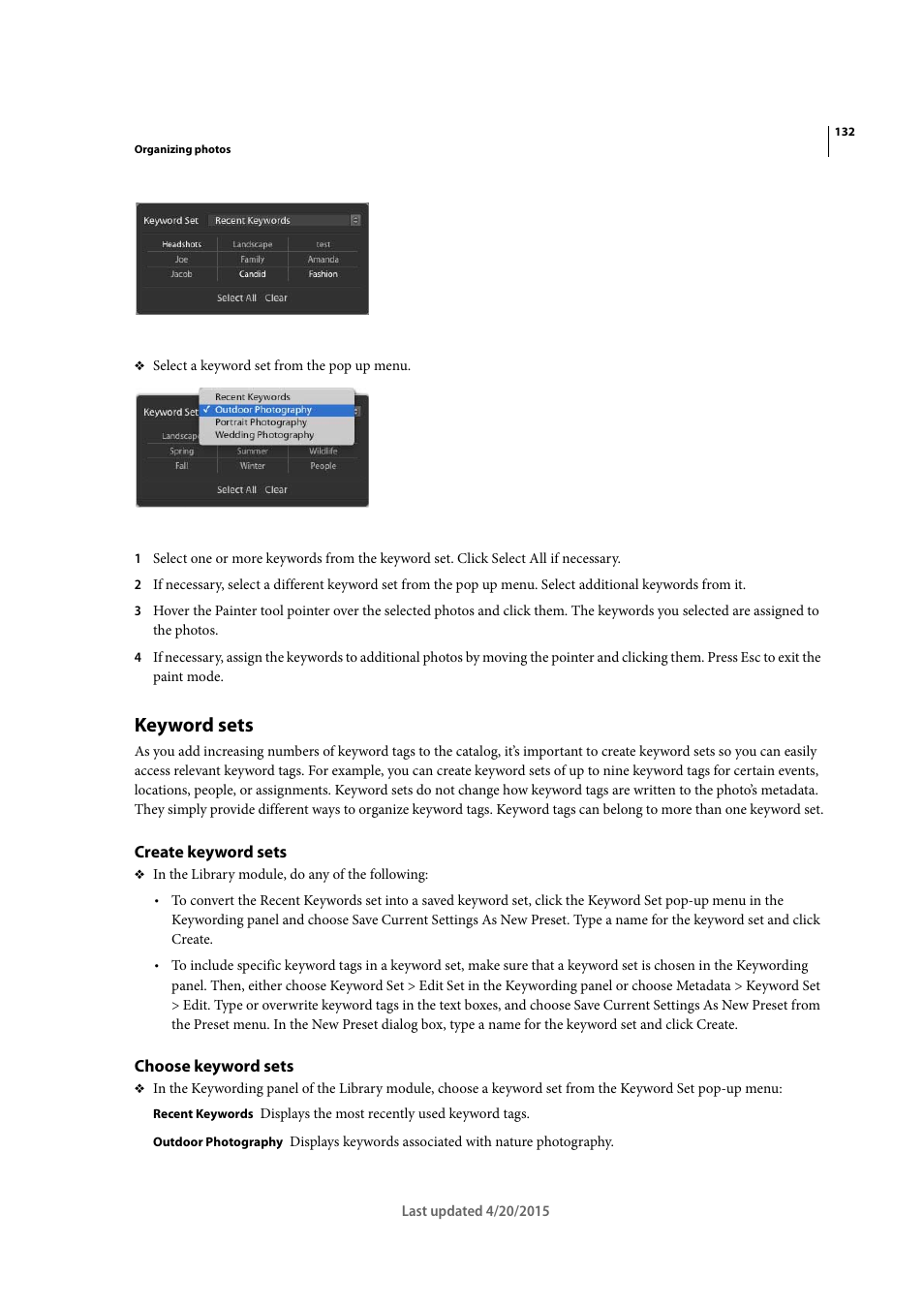 Keyword sets, Create keyword sets, Choose keyword sets | Adobe Photoshop Lightroom CC User Manual | Page 137 / 261