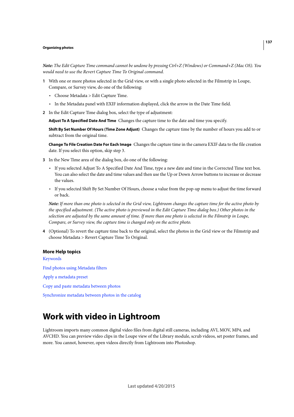 Work with video in lightroom | Adobe Photoshop Lightroom CC User Manual | Page 142 / 261
