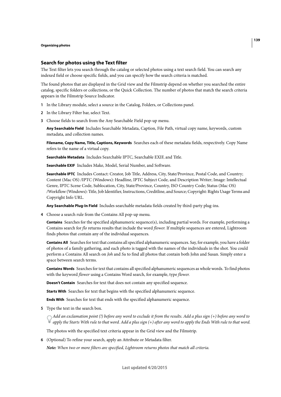 Search for photos using the text filter | Adobe Photoshop Lightroom CC User Manual | Page 144 / 261