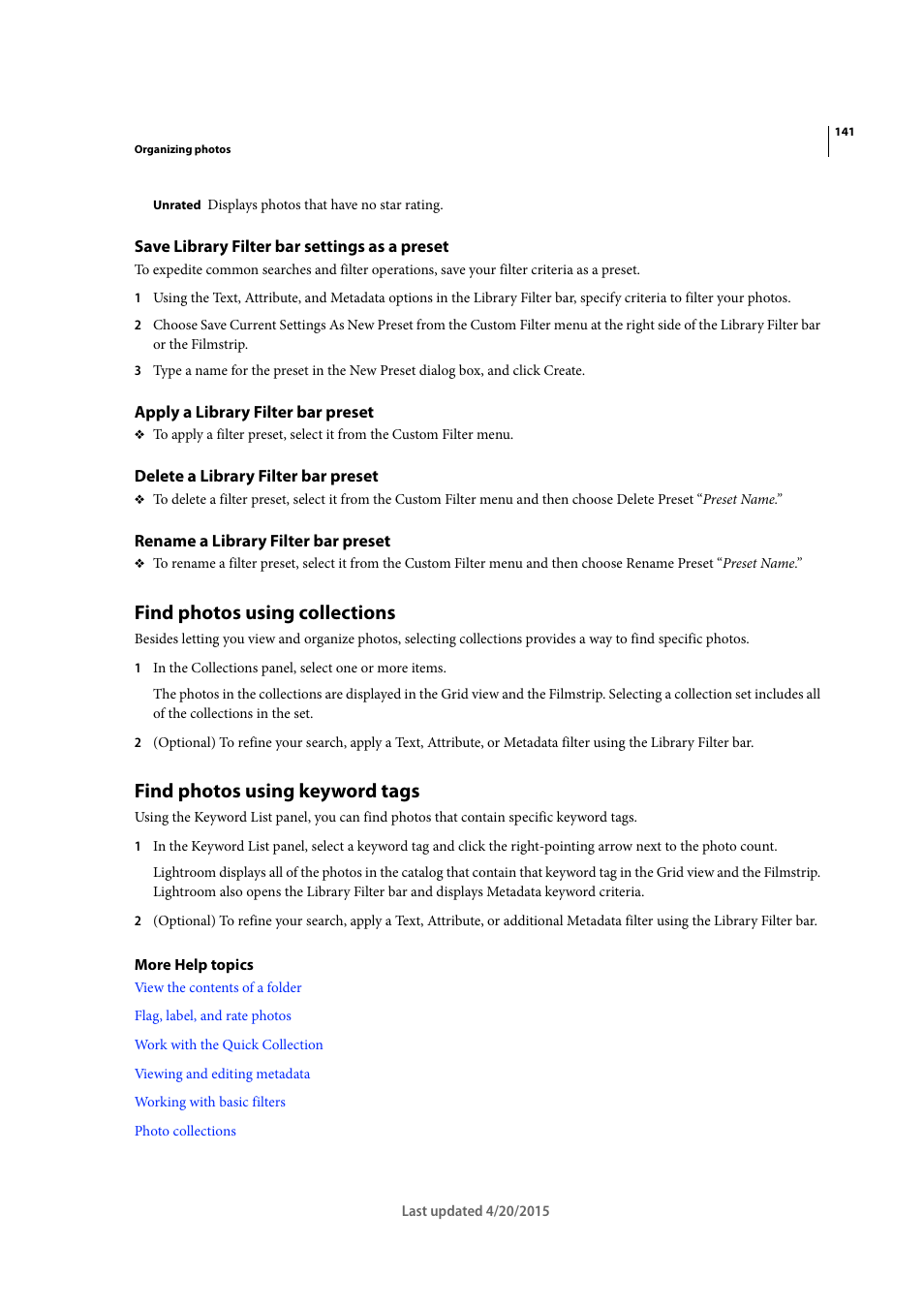 Save library filter bar settings as a preset, Apply a library filter bar preset, Delete a library filter bar preset | Rename a library filter bar preset, Find photos using collections, Find photos using keyword tags | Adobe Photoshop Lightroom CC User Manual | Page 146 / 261