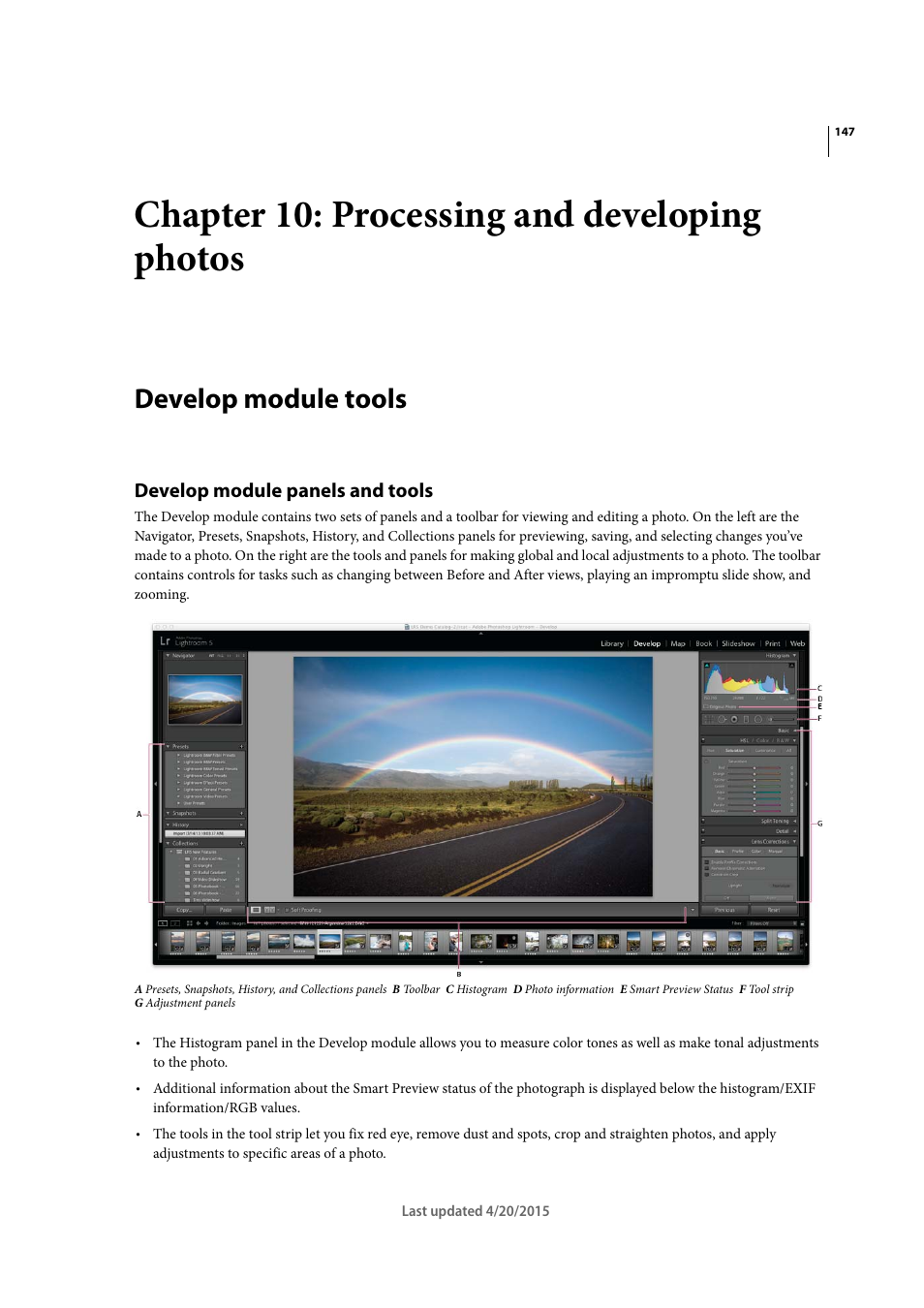 Chapter 10: processing and developing photos, Develop module tools, Develop module panels and tools | Adobe Photoshop Lightroom CC User Manual | Page 152 / 261