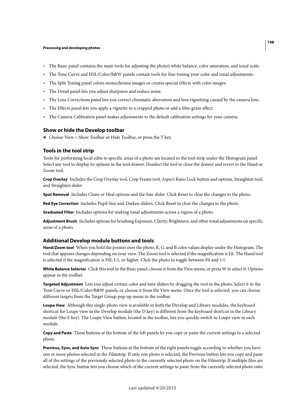 Show or hide the develop toolbar, Tools in the tool strip, Additional develop module buttons and tools | Adobe Photoshop Lightroom CC User Manual | Page 153 / 261