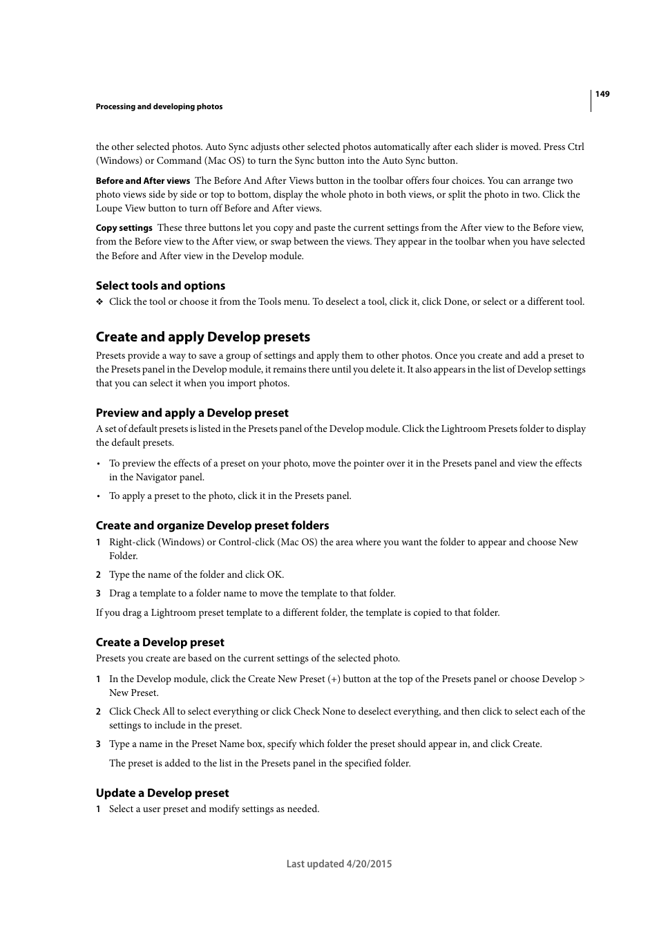 Select tools and options, Create and apply develop presets, Preview and apply a develop preset | Create and organize develop preset folders, Create a develop preset, Update a develop preset, Create, And apply develop presets | Adobe Photoshop Lightroom CC User Manual | Page 154 / 261