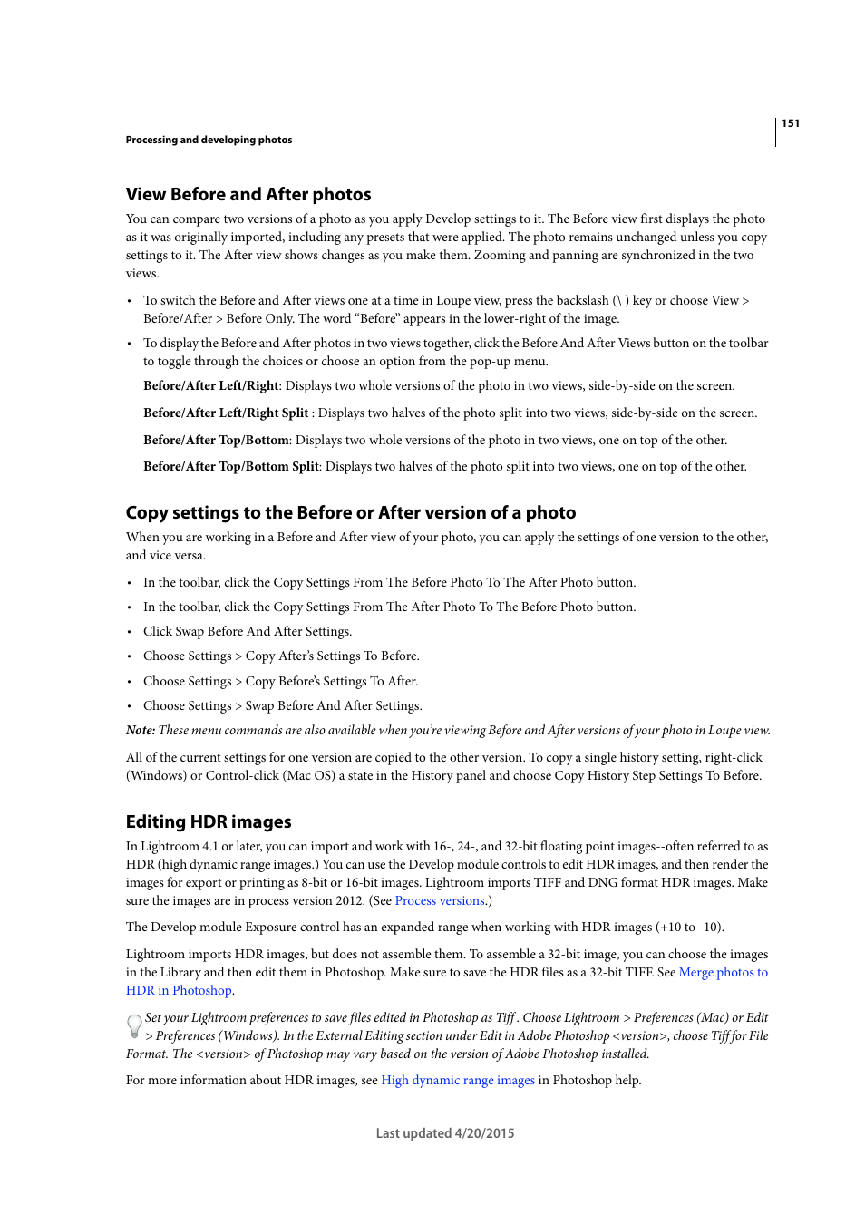 View before and after photos, Editing hdr images | Adobe Photoshop Lightroom CC User Manual | Page 156 / 261