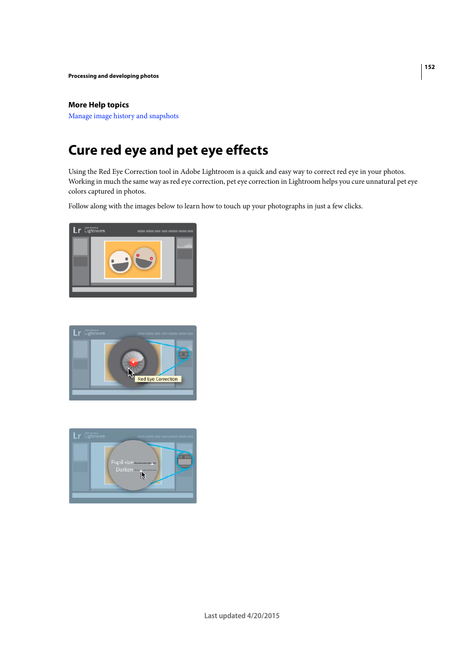 Cure red eye and pet eye effects | Adobe Photoshop Lightroom CC User Manual | Page 157 / 261