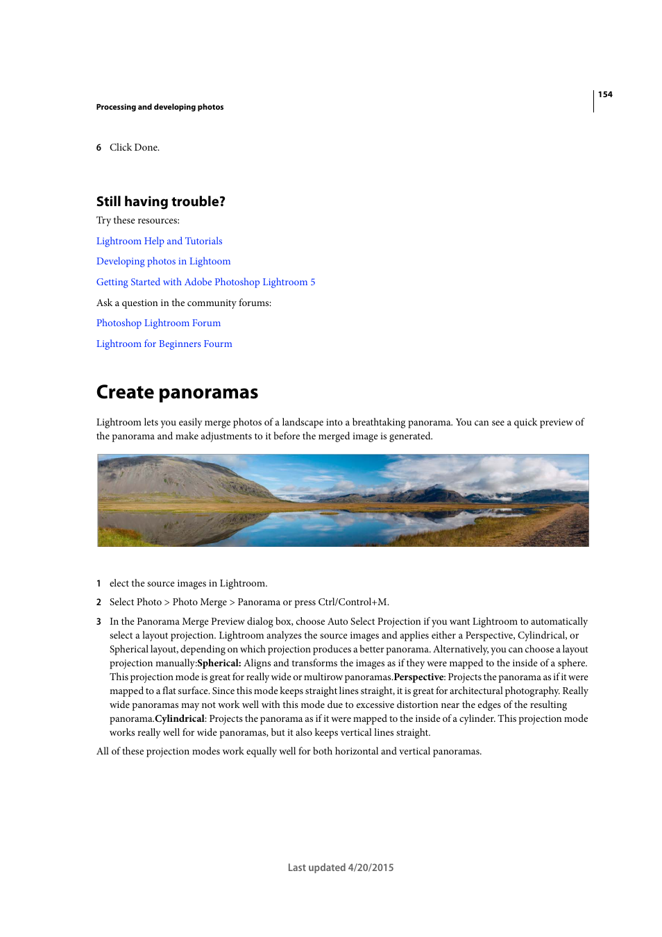 Still having trouble, Create panoramas | Adobe Photoshop Lightroom CC User Manual | Page 159 / 261