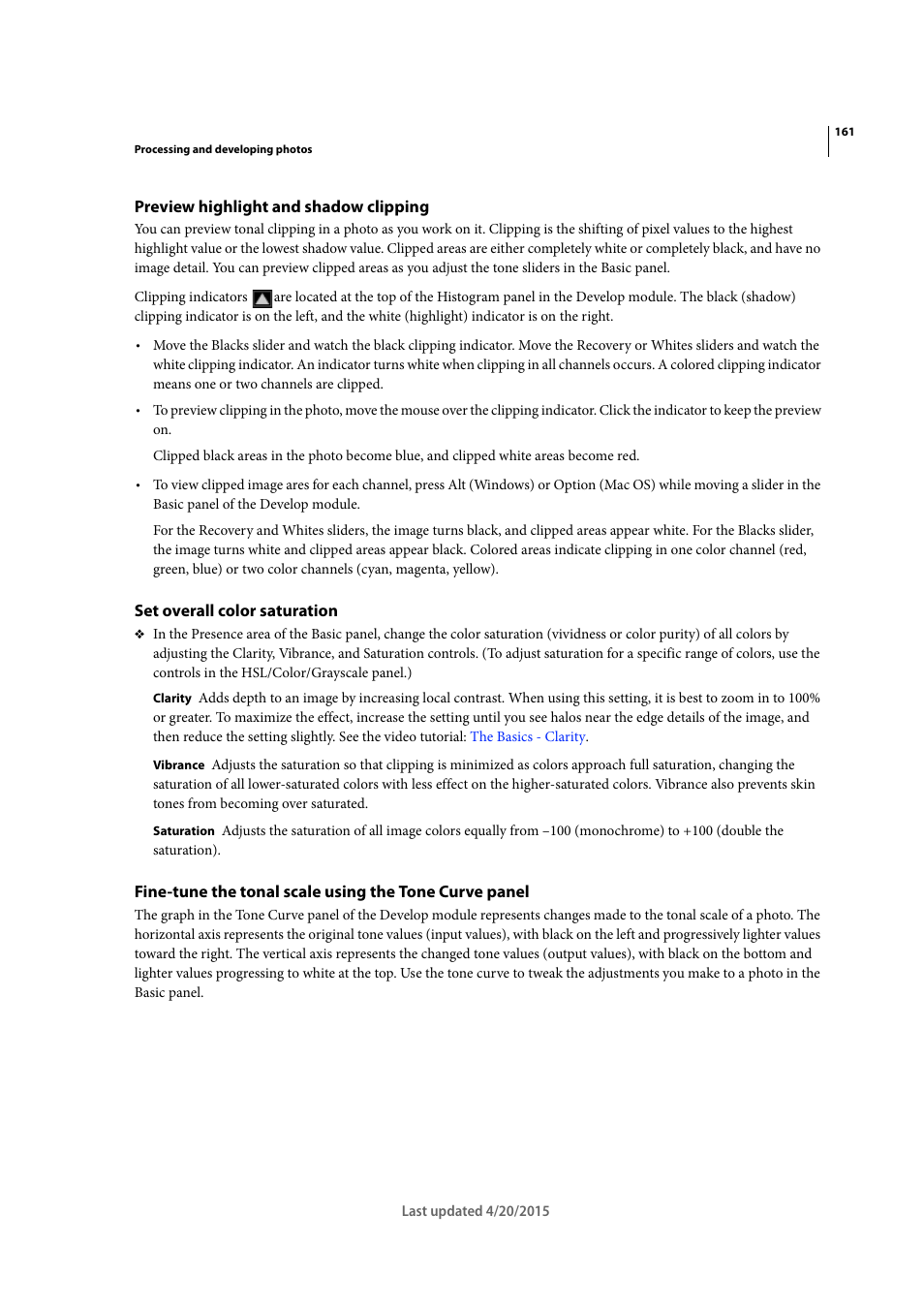 Preview highlight and shadow clipping, Set overall color saturation | Adobe Photoshop Lightroom CC User Manual | Page 166 / 261