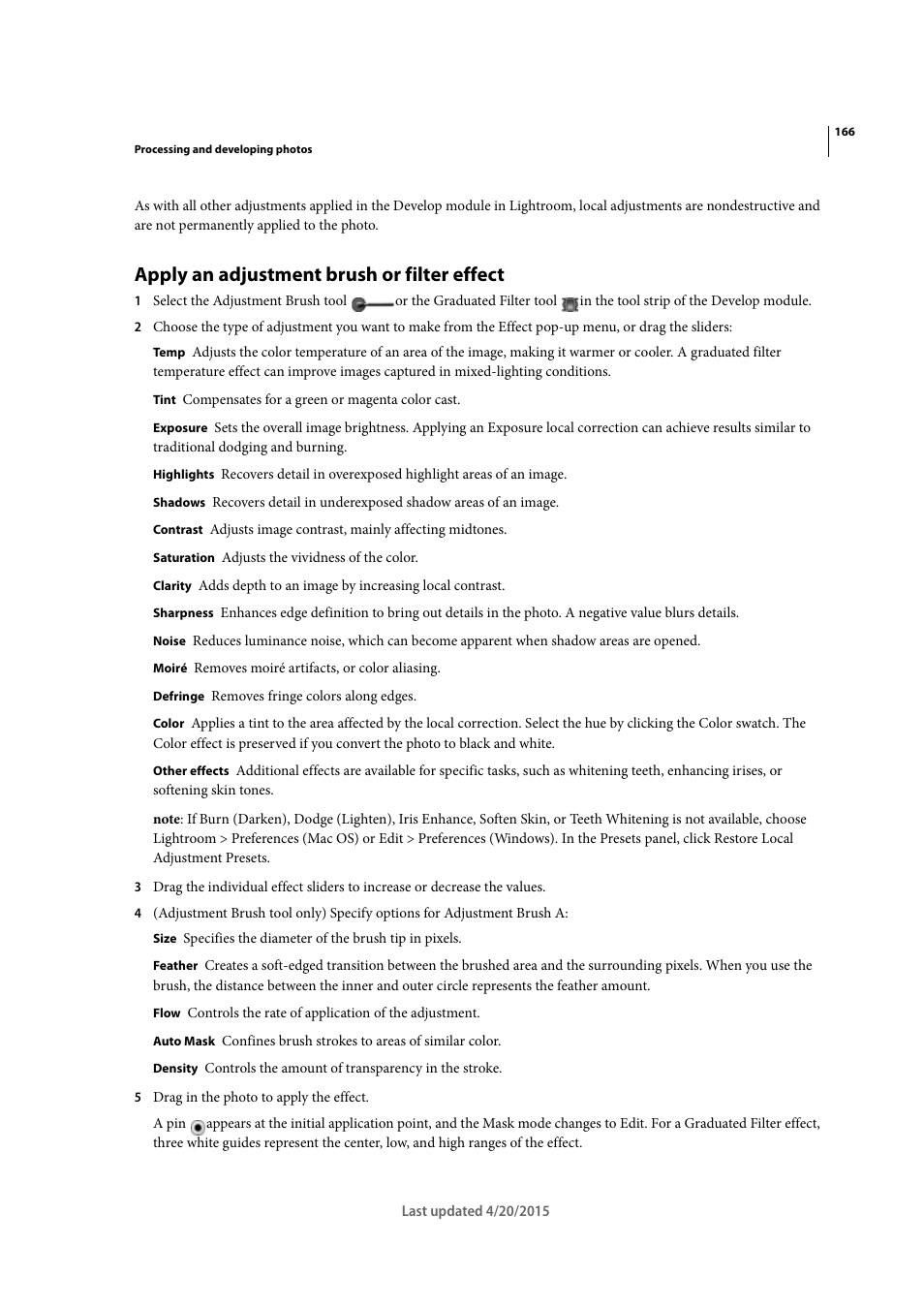 Apply an adjustment brush or filter effect | Adobe Photoshop Lightroom CC User Manual | Page 171 / 261