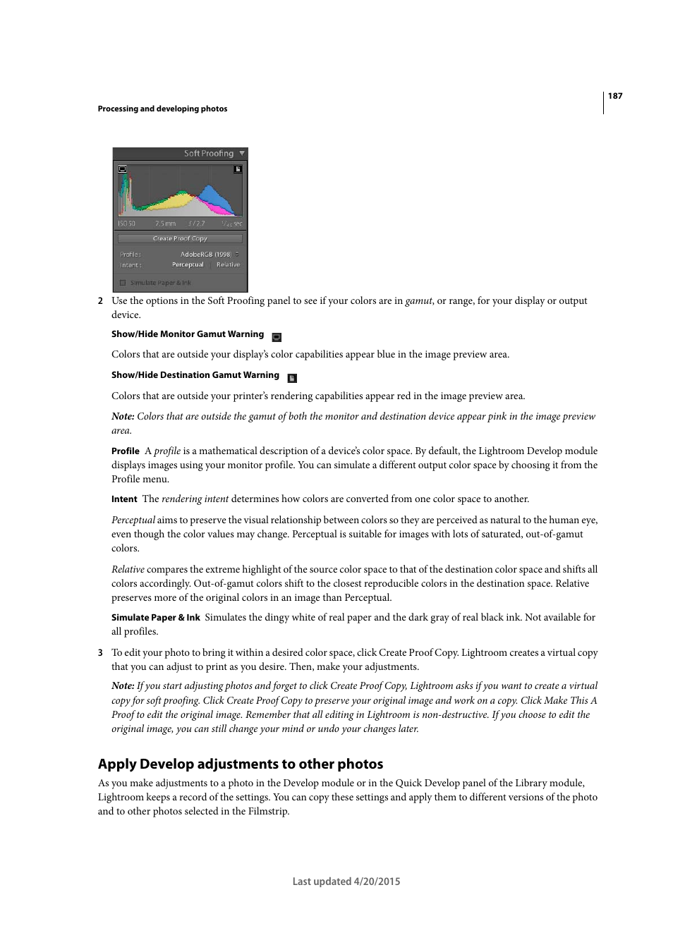 Apply develop adjustments to other photos | Adobe Photoshop Lightroom CC User Manual | Page 192 / 261