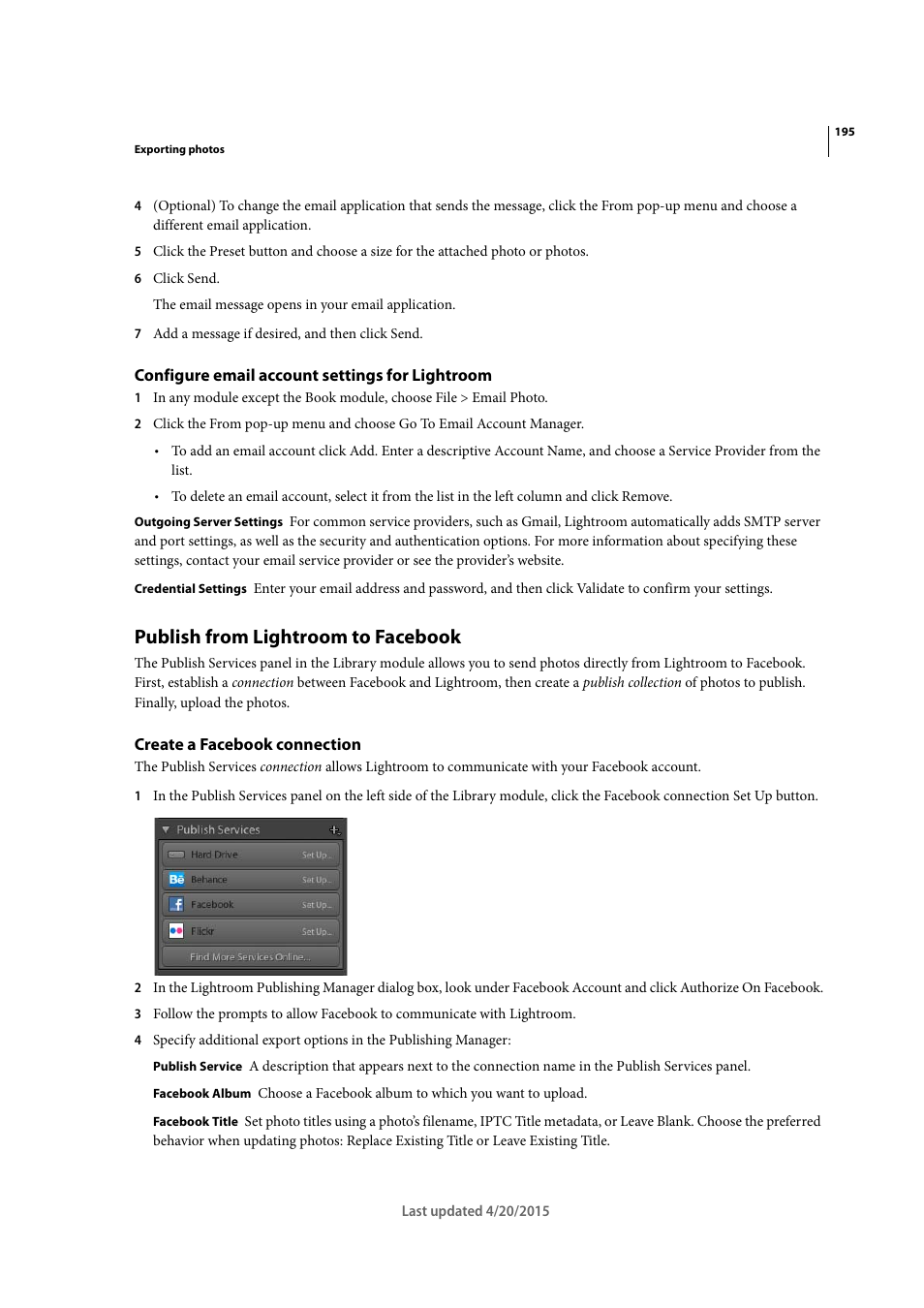 Configure email account settings for lightroom, Publish from lightroom to facebook, Create a facebook connection | Adobe Photoshop Lightroom CC User Manual | Page 200 / 261