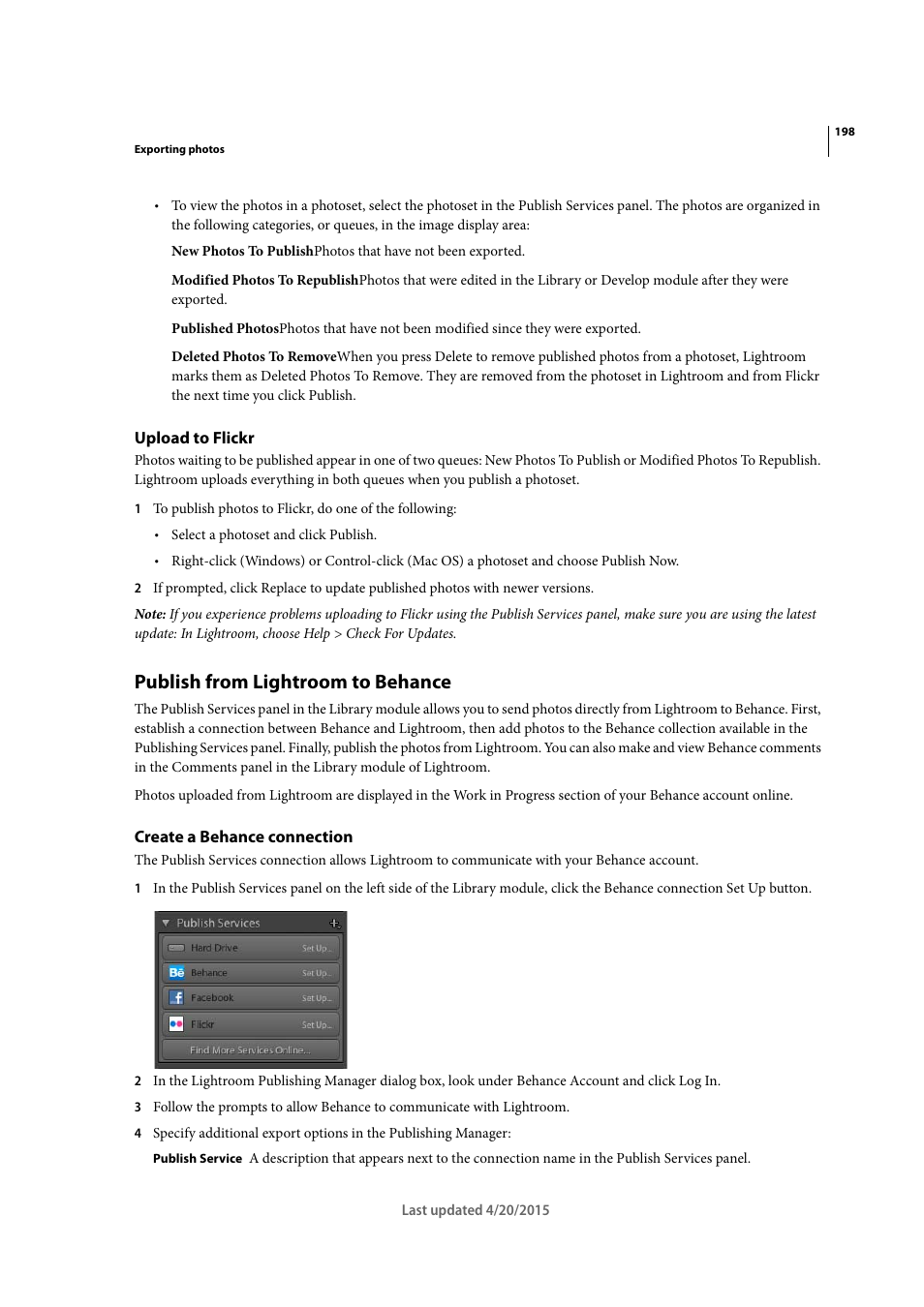 Upload to flickr, Publish from lightroom to behance, Create a behance connection | Adobe Photoshop Lightroom CC User Manual | Page 203 / 261