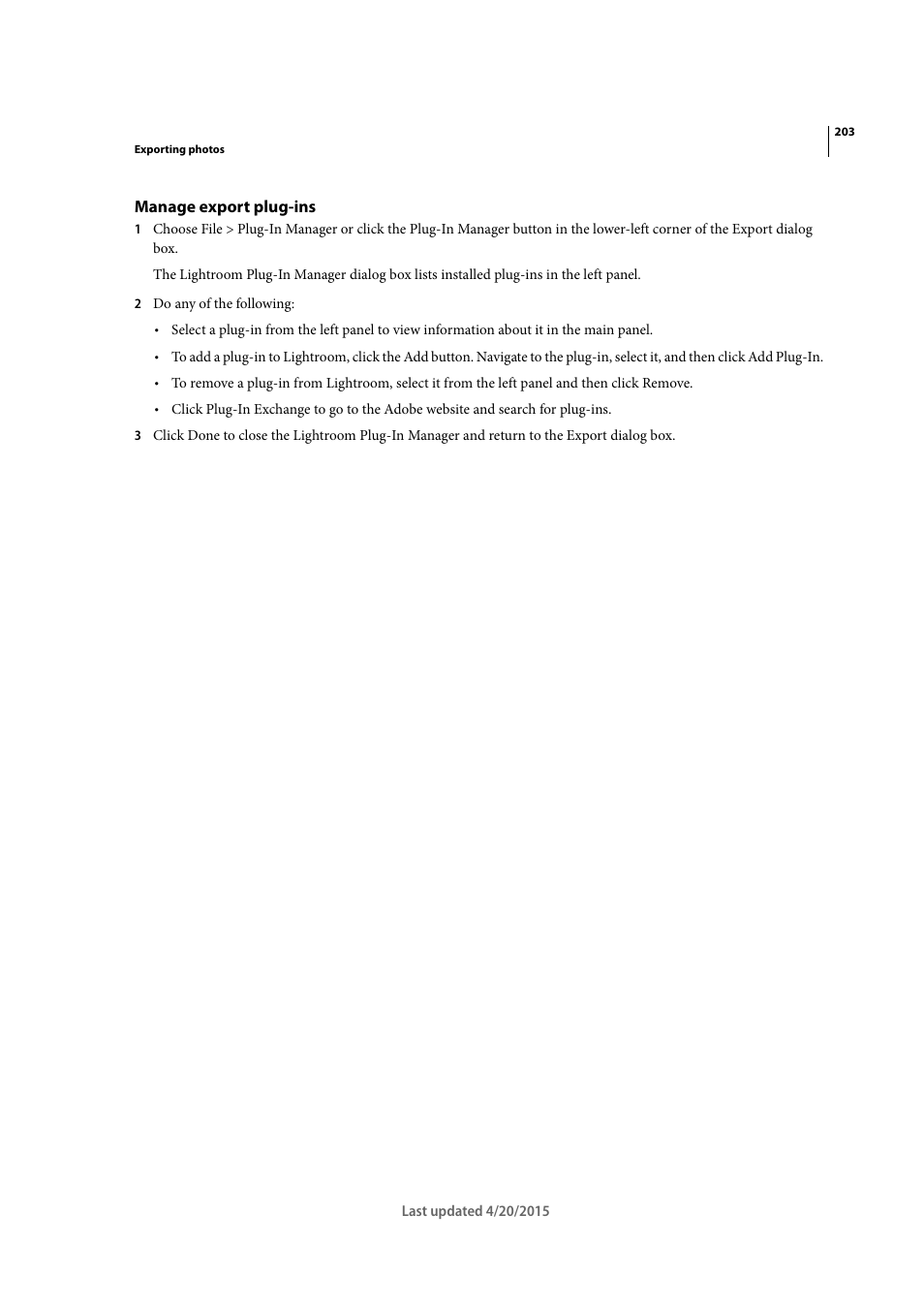 Manage export plug-ins | Adobe Photoshop Lightroom CC User Manual | Page 208 / 261