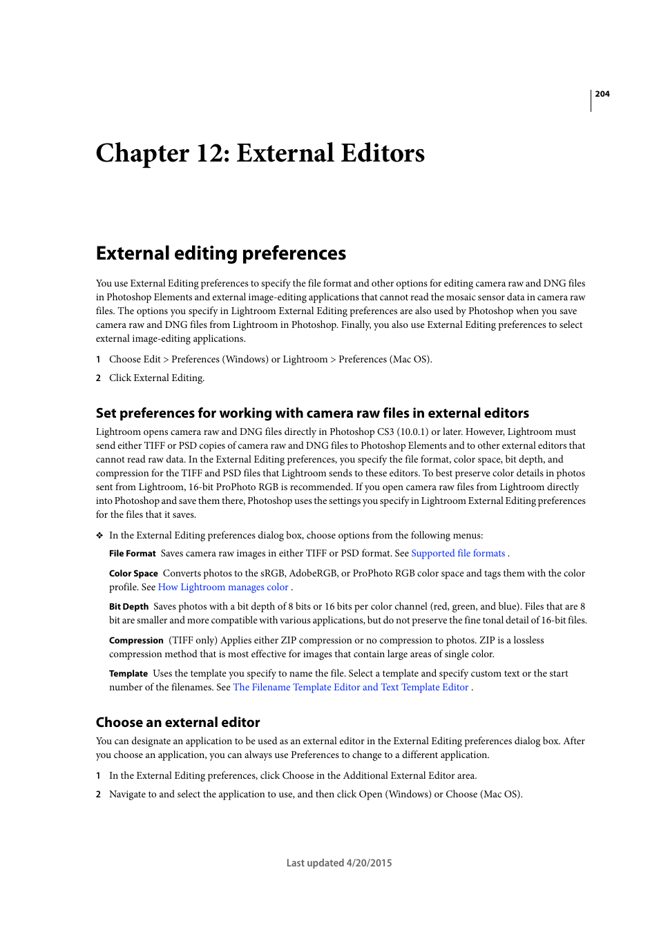 Chapter 12: external editors, External editing preferences, Choose an external editor | Adobe Photoshop Lightroom CC User Manual | Page 209 / 261