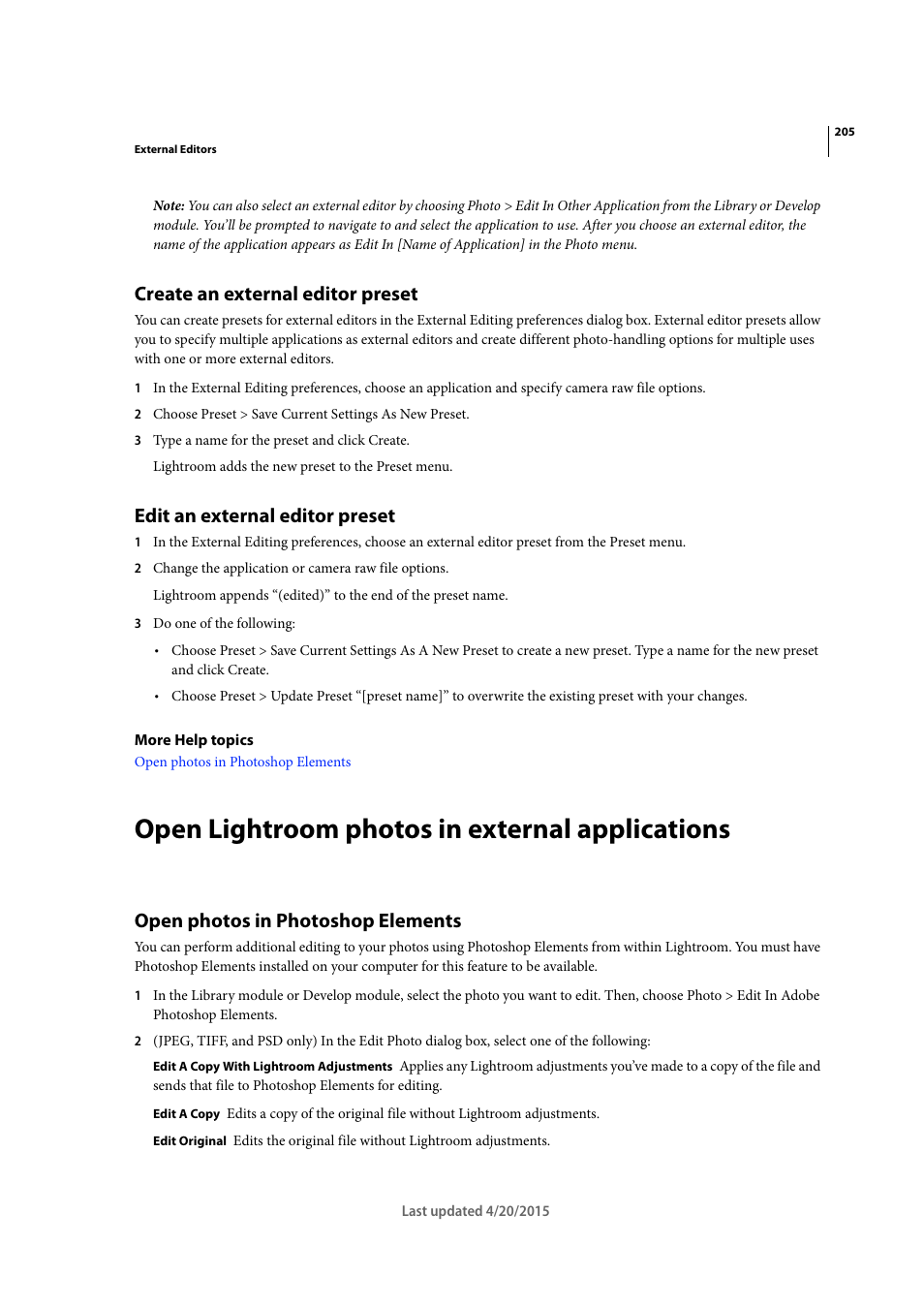 Create an external editor preset, Edit an external editor preset, Open lightroom photos in external applications | Open photos in photoshop elements | Adobe Photoshop Lightroom CC User Manual | Page 210 / 261