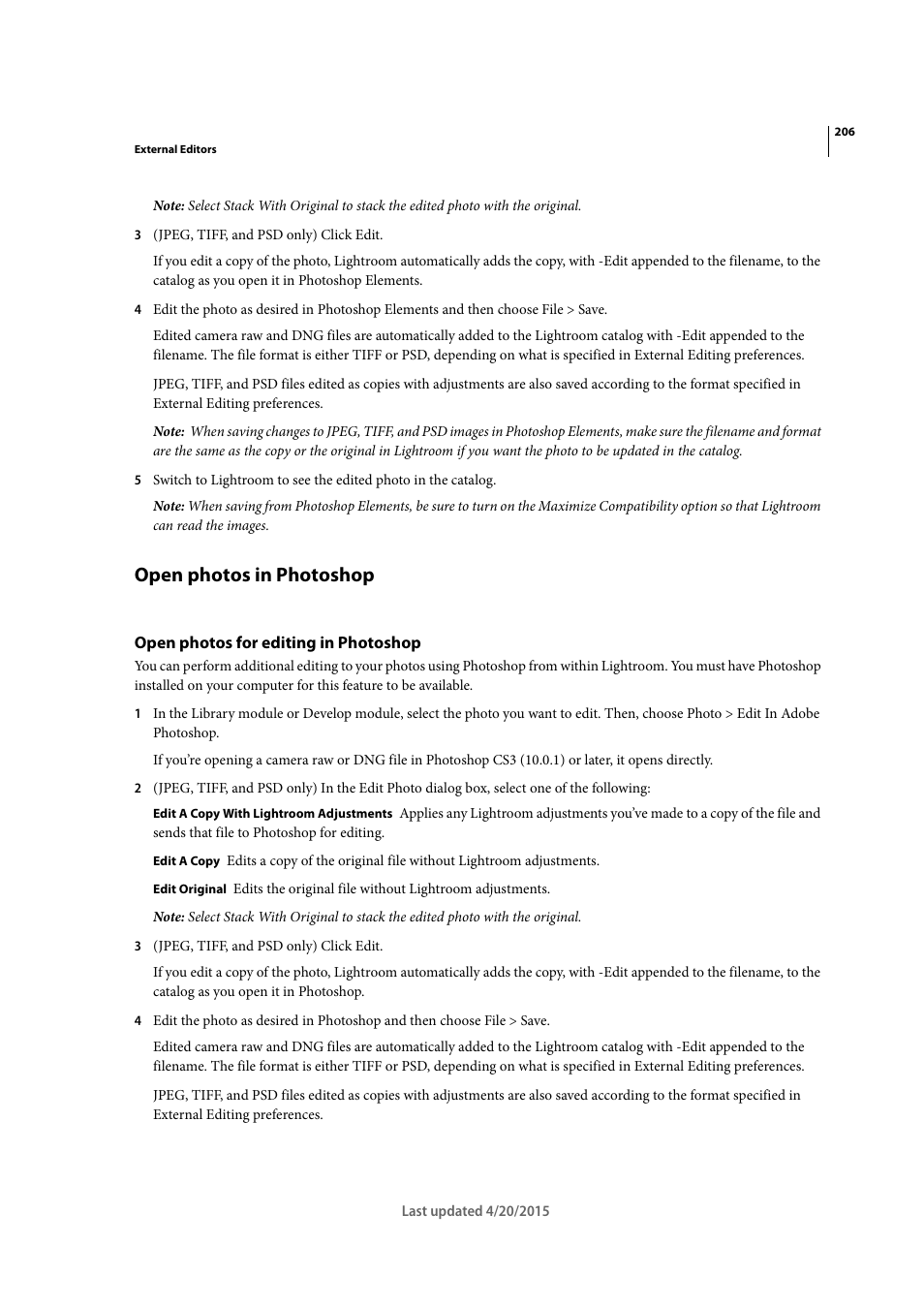 Open photos in photoshop, Open photos for editing in photoshop | Adobe Photoshop Lightroom CC User Manual | Page 211 / 261
