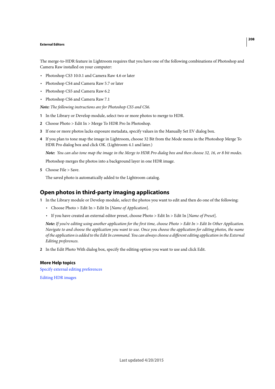 Open photos in third-party imaging applications | Adobe Photoshop Lightroom CC User Manual | Page 213 / 261