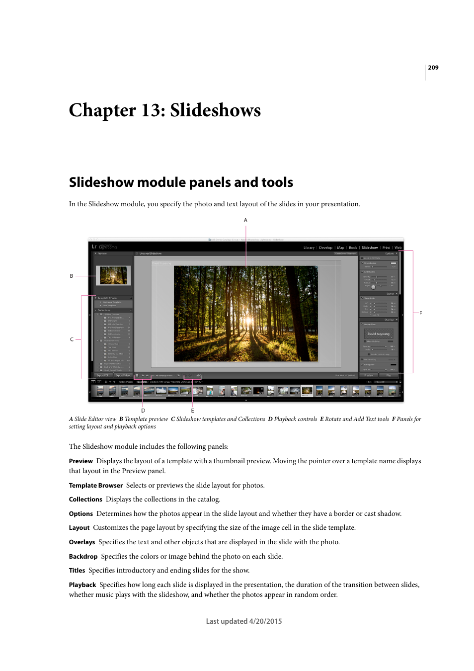 Chapter 13: slideshows, Slideshow module panels and tools | Adobe Photoshop Lightroom CC User Manual | Page 214 / 261