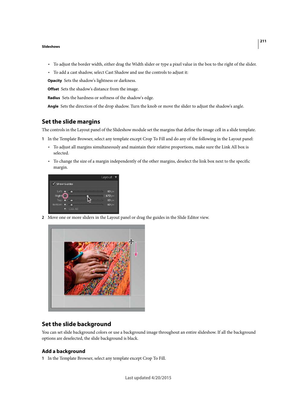 Set the slide margins, Set the slide background, Add a background | Adobe Photoshop Lightroom CC User Manual | Page 216 / 261