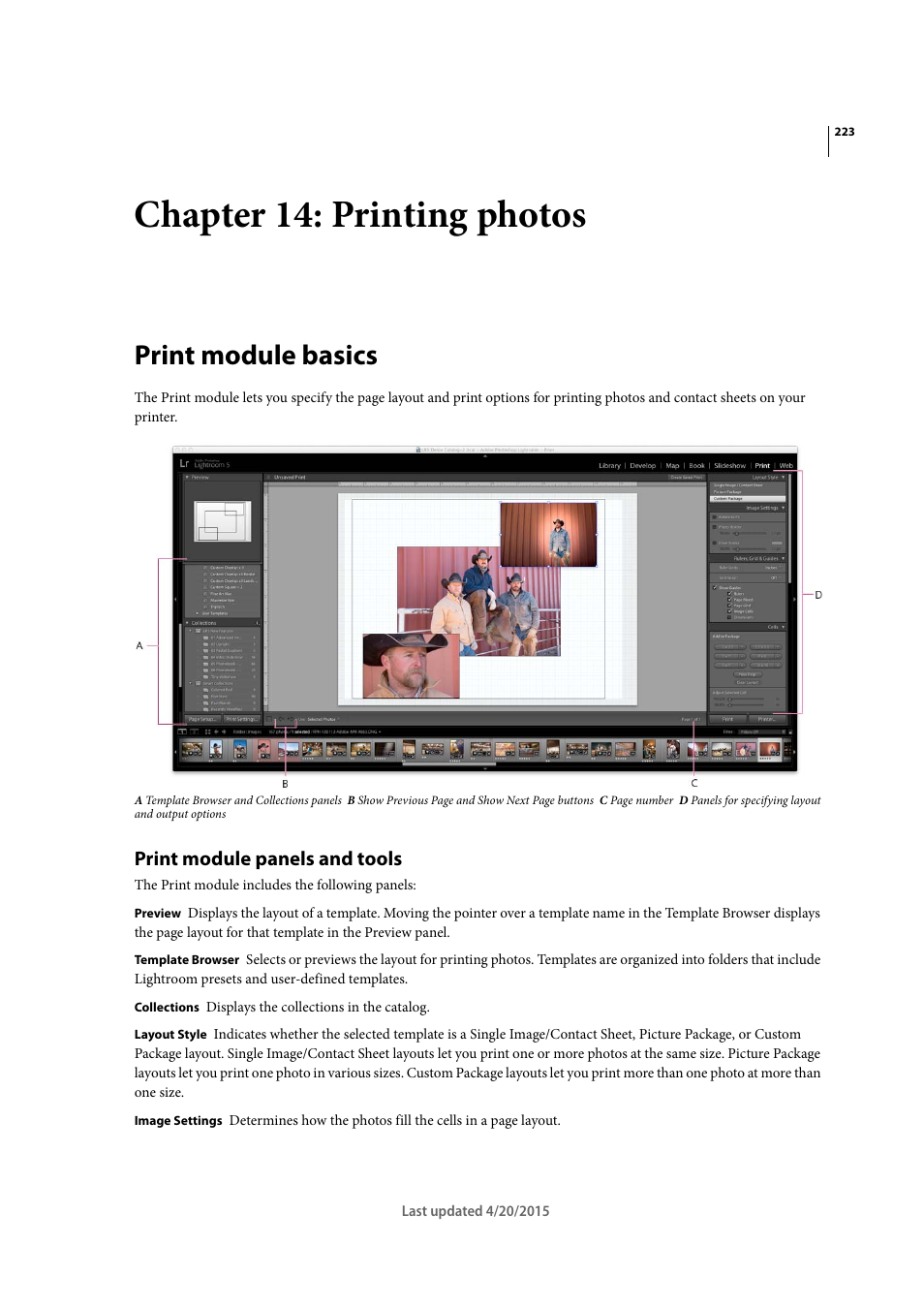 Chapter 14: printing photos, Print module basics, Print module panels and tools | Adobe Photoshop Lightroom CC User Manual | Page 228 / 261