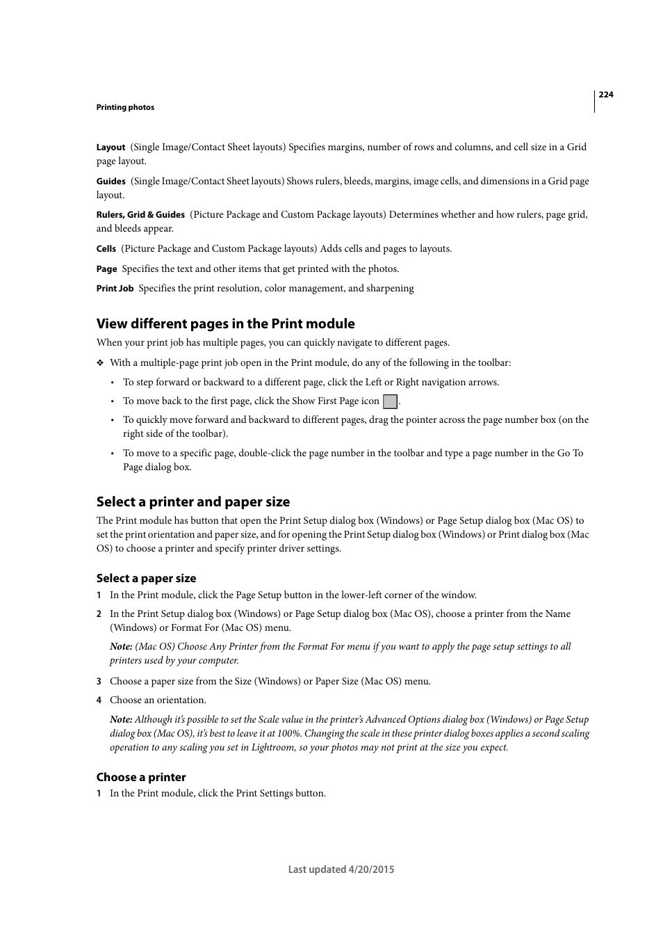 Select a printer and paper size, Select a paper size, Choose a printer | View different pages in the print module | Adobe Photoshop Lightroom CC User Manual | Page 229 / 261