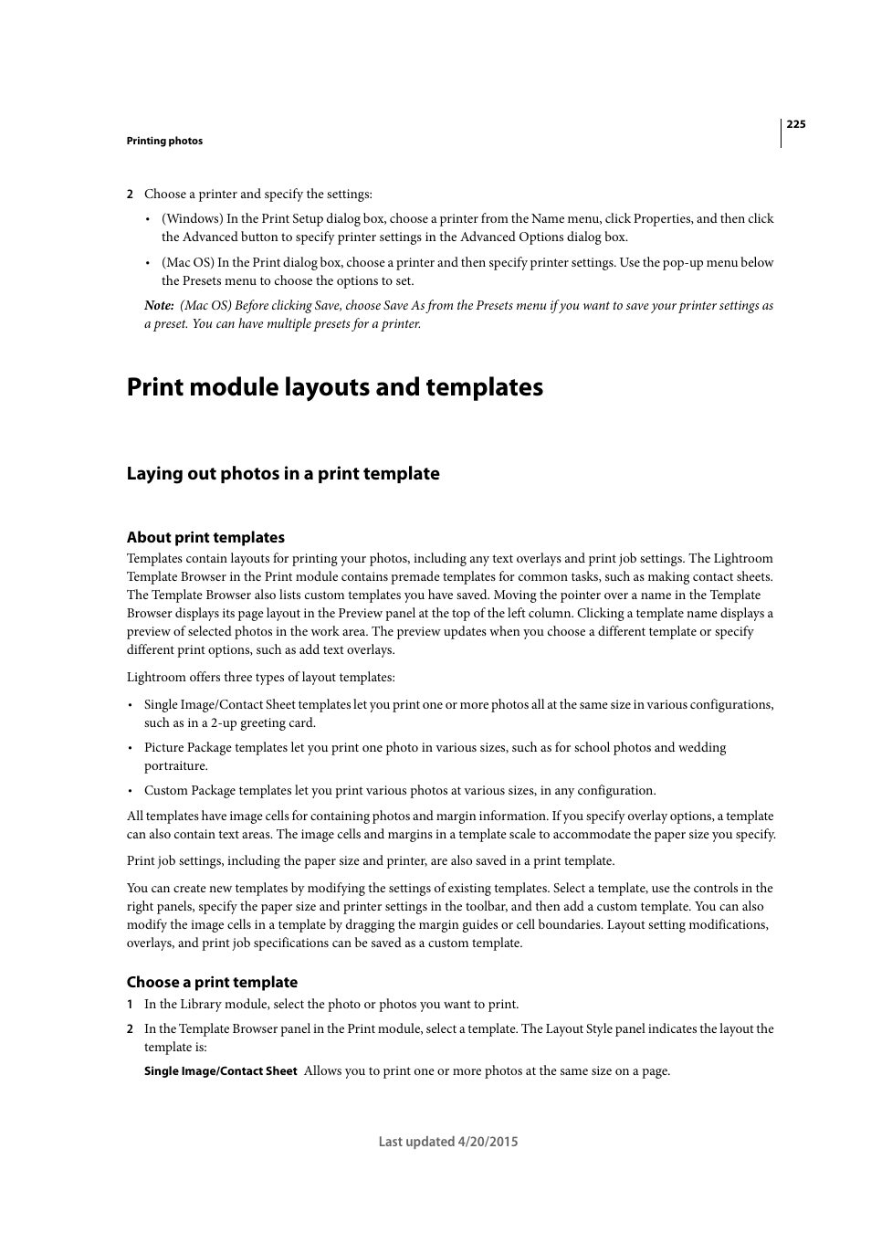 Print module layouts and templates, Laying out photos in a print template, About print templates | Choose a print template | Adobe Photoshop Lightroom CC User Manual | Page 230 / 261