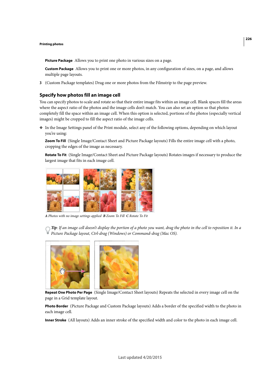 Specify how photos fill an image cell | Adobe Photoshop Lightroom CC User Manual | Page 231 / 261