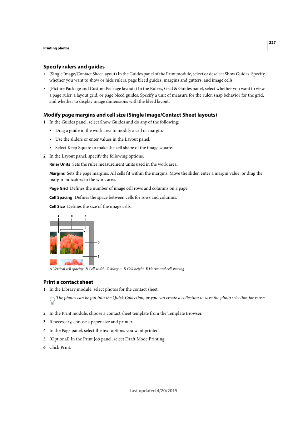 Specify rulers and guides, Print a contact sheet, Image/contact sheet layouts) | Adobe Photoshop Lightroom CC User Manual | Page 232 / 261