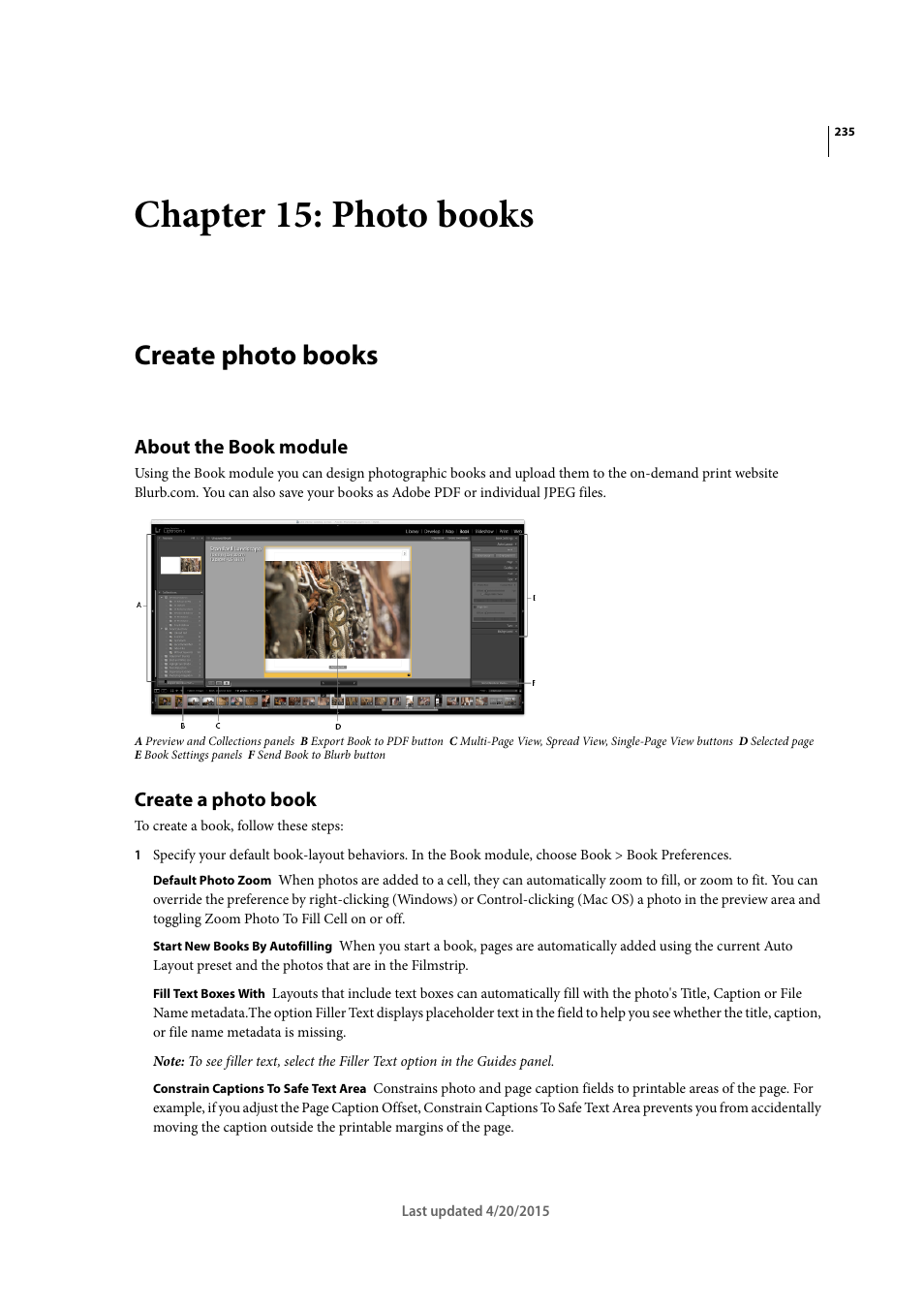 Chapter 15: photo books, Create photo books, About the book module | Create a photo book | Adobe Photoshop Lightroom CC User Manual | Page 240 / 261