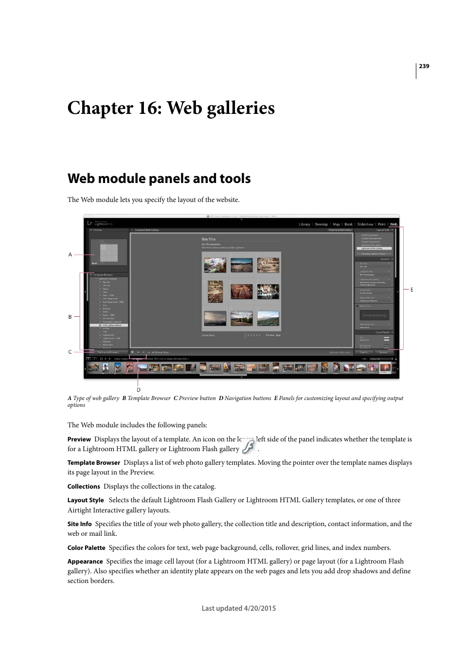 Chapter 16: web galleries, Web module panels and tools | Adobe Photoshop Lightroom CC User Manual | Page 244 / 261