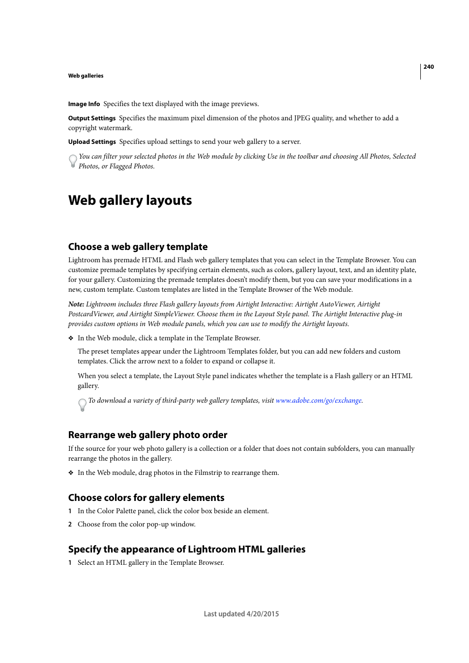 Web gallery layouts, Choose a web gallery template, Rearrange web gallery photo order | Choose colors for gallery elements, Specify the appearance of lightroom html galleries, Choose, A web gallery template | Adobe Photoshop Lightroom CC User Manual | Page 245 / 261