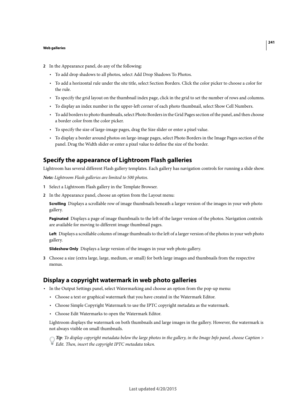 Specify the appearance of lightroom, Flash galleries | Adobe Photoshop Lightroom CC User Manual | Page 246 / 261