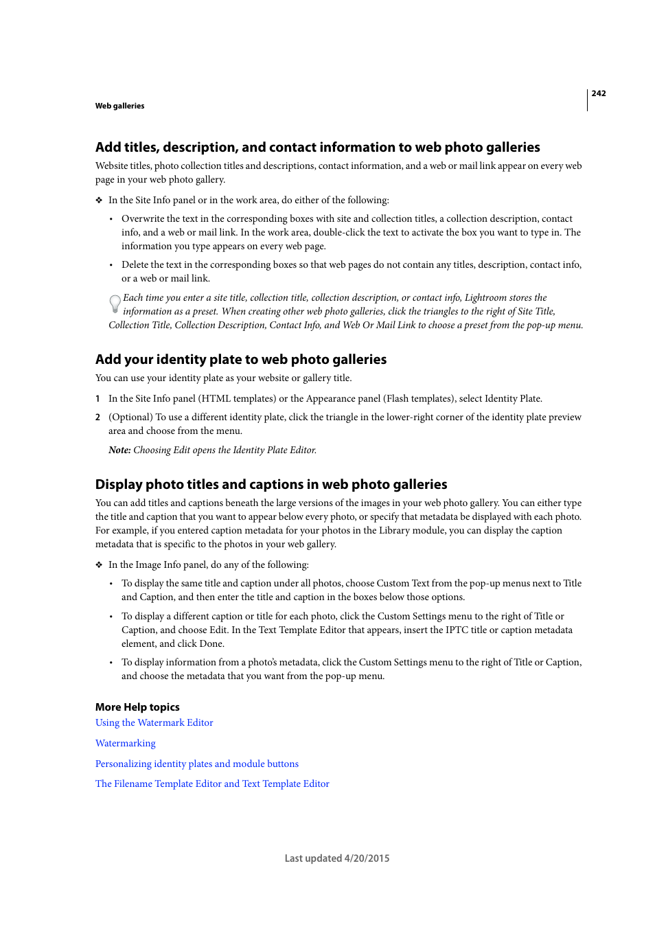 Add your identity plate to web photo galleries, Photo galleries, Display photo titles and captions | In web photo galleries | Adobe Photoshop Lightroom CC User Manual | Page 247 / 261