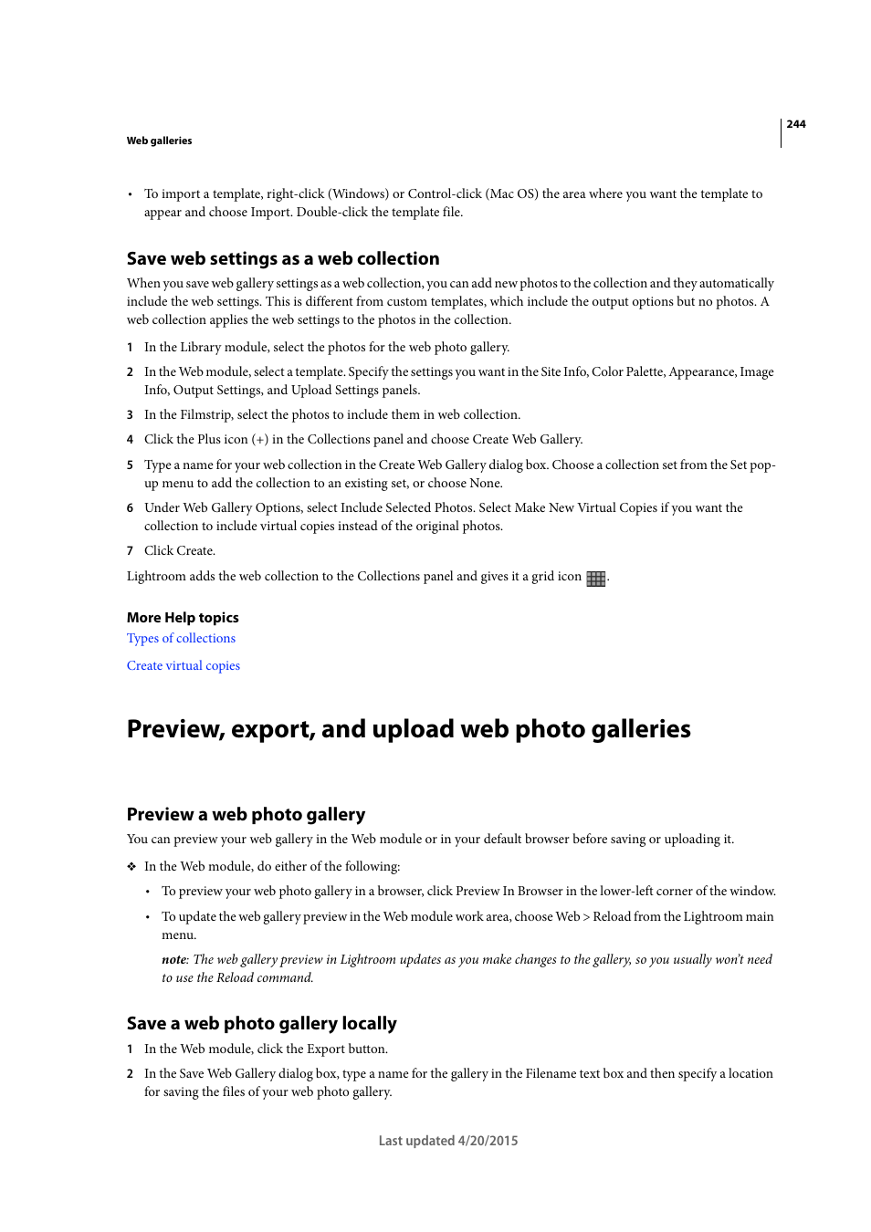 Save web settings as a web collection, Preview, export, and upload web photo galleries, Preview a web photo gallery | Save a web photo gallery locally | Adobe Photoshop Lightroom CC User Manual | Page 249 / 261