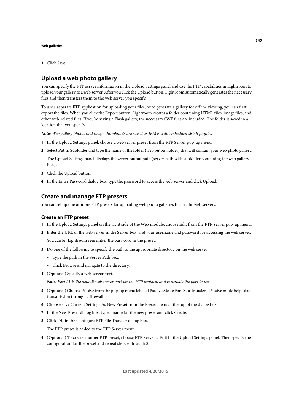 Upload a web photo gallery, Create and manage ftp presets, Create an ftp preset | Adobe Photoshop Lightroom CC User Manual | Page 250 / 261