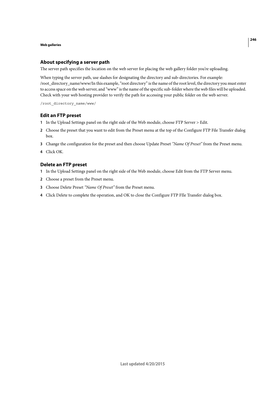 About specifying a server path, Edit an ftp preset, Delete an ftp preset | Adobe Photoshop Lightroom CC User Manual | Page 251 / 261