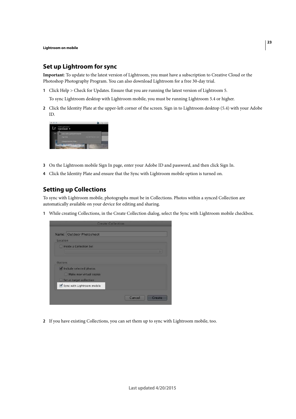 Set up lightroom for sync, Setting up collections | Adobe Photoshop Lightroom CC User Manual | Page 28 / 261