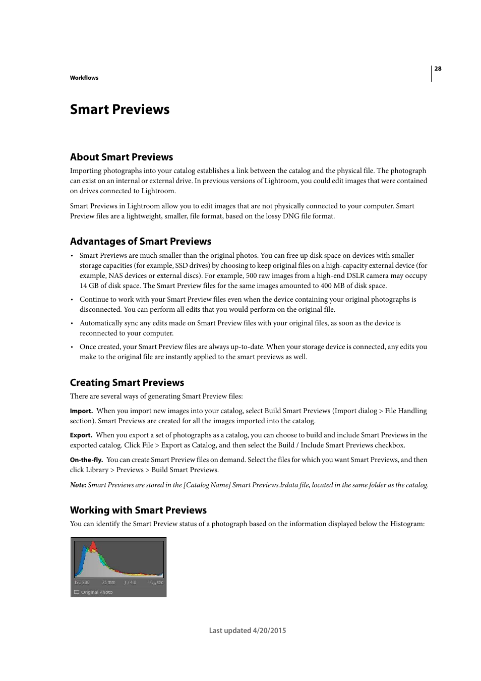 Smart previews, About smart previews, Advantages of smart previews | Creating smart previews, Working with smart previews | Adobe Photoshop Lightroom CC User Manual | Page 33 / 261