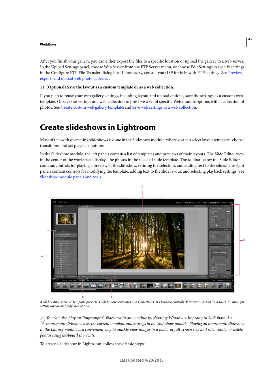 Create slideshows in lightroom | Adobe Photoshop Lightroom CC User Manual | Page 54 / 261