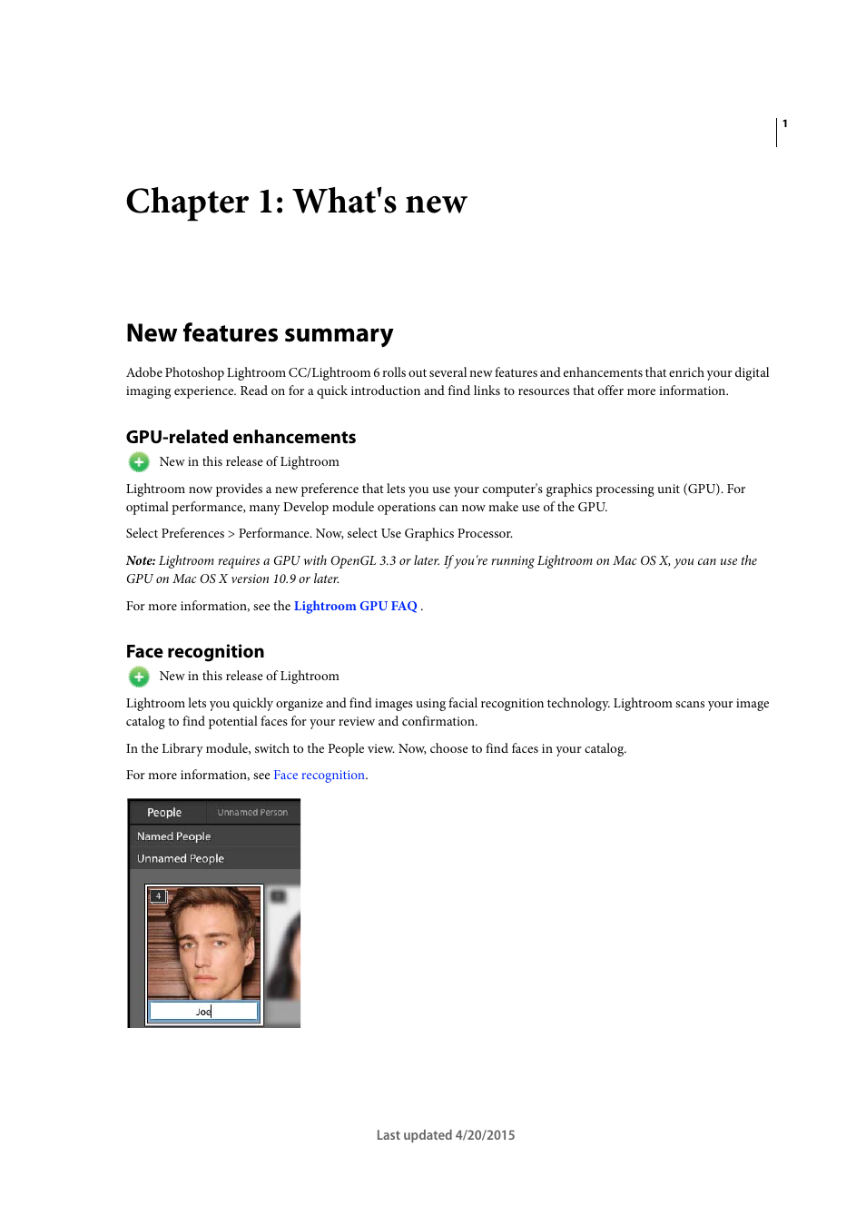 Chapter 1: what's new, New features summary, Gpu-related enhancements | Face recognition | Adobe Photoshop Lightroom CC User Manual | Page 6 / 261